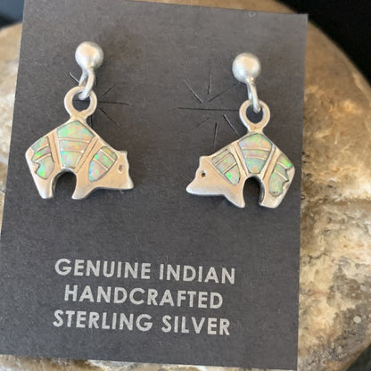 Womens White Opal Bear Inlay Navajo Sterling Silver Dangle Post Earrings 12767