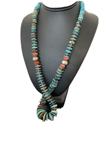 Navajo Natural Blue Turquoise & Spiny Oyster Necklace | | Graduated | 28" | 332