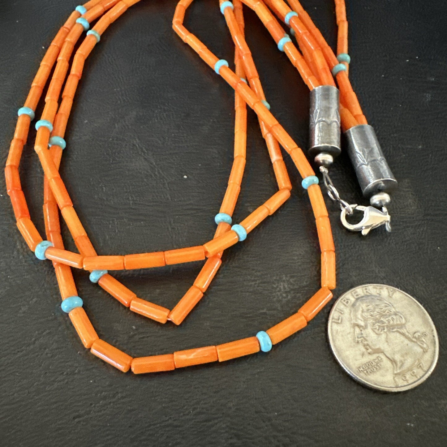 Native Turquoise Orange Coral Sterling Silver 3 Strand Necklace 21" 17819