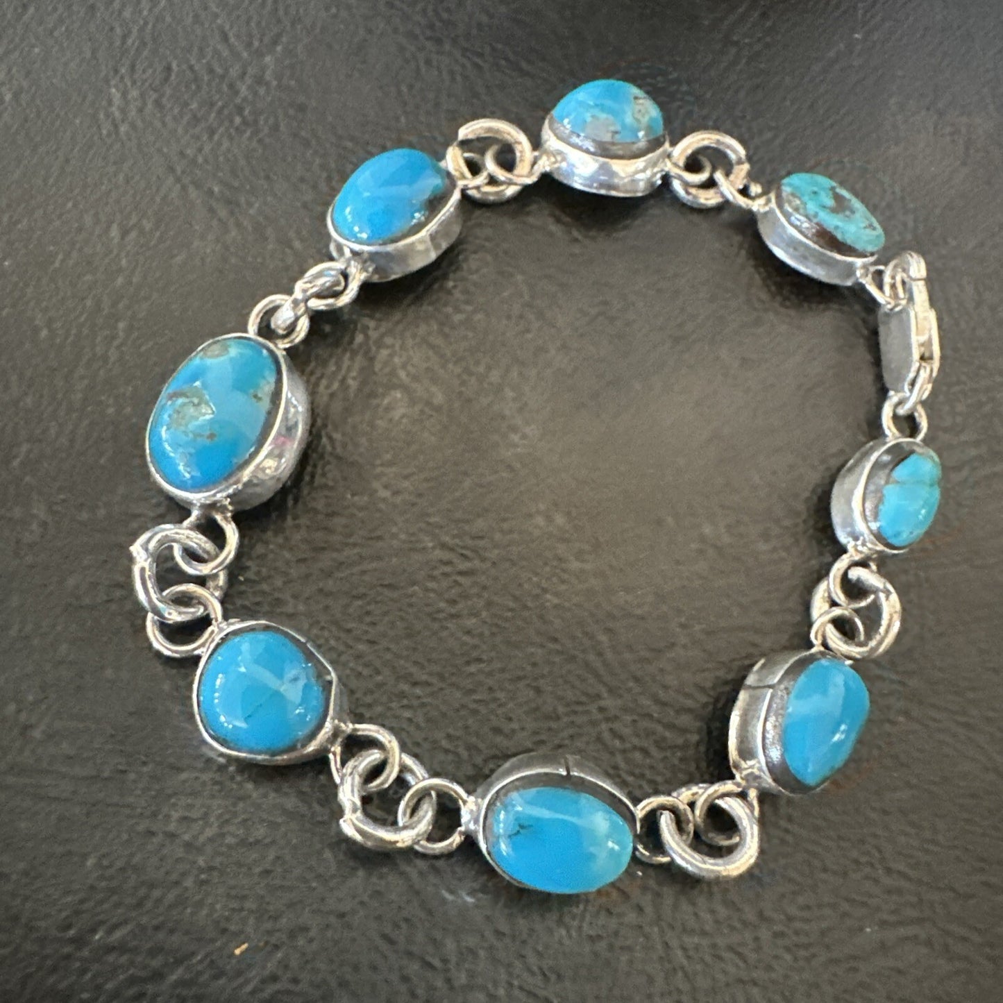 Blue Kingman Turquoise Navajo Sterling Silver Link Bracelet 8” 18301