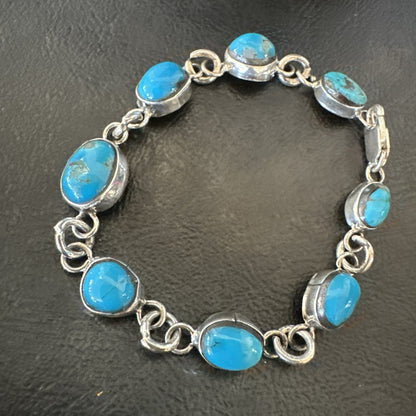 Blue Kingman Turquoise Navajo Sterling Silver Link Bracelet 8” 18301