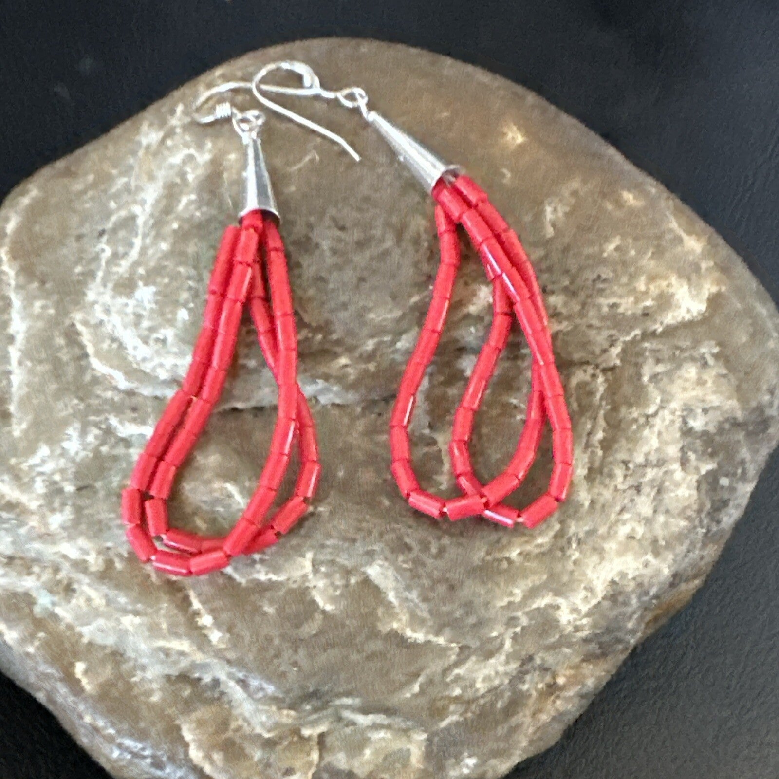 Native Red Coral Heishi Tube Liquid Sterling Silver Dangle Earrings 2" 4394