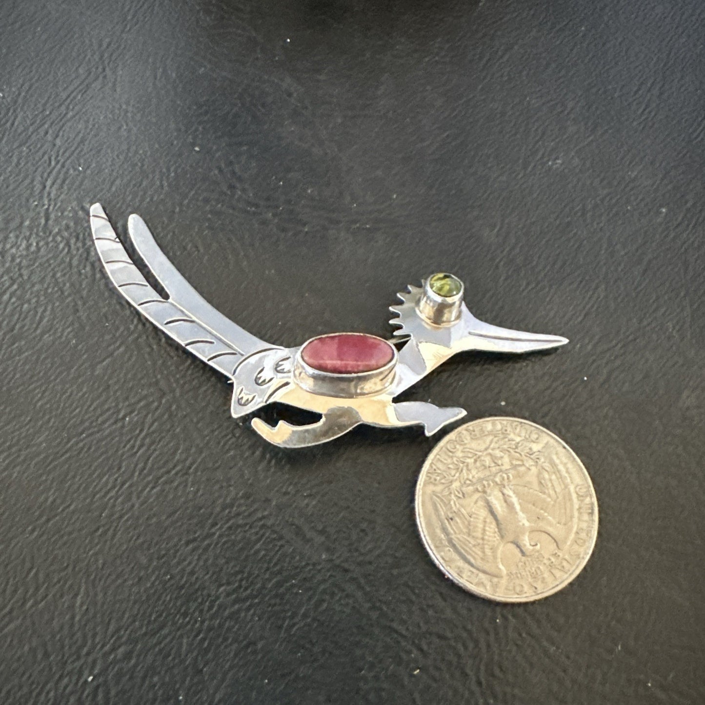 Road Runner Spiny Peridot Navajo Sterling Silver Stamped Pin Brooch 3” 19089