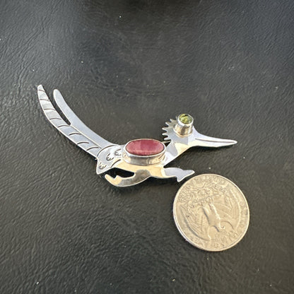 Road Runner Spiny Peridot Navajo Sterling Silver Stamped Pin Brooch 3” 19089