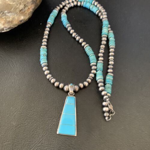 Blue Turquoise Inlay Pendant Navajo Pearls Sterling Silver Necklace 12613