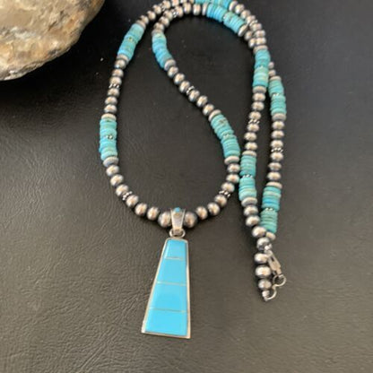 Blue Turquoise Inlay Pendant Navajo Pearls Sterling Silver Necklace 12613