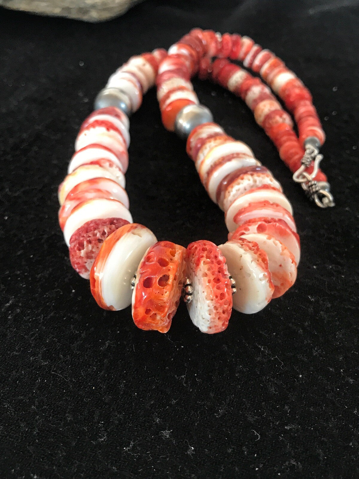 Native American Red Spiny Oyster Navajo Sterling Silver Necklace 08484