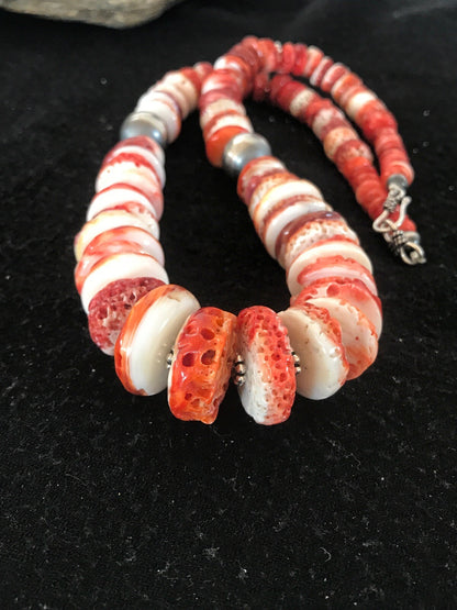 Native American Red Spiny Oyster Navajo Sterling Silver Necklace 08484