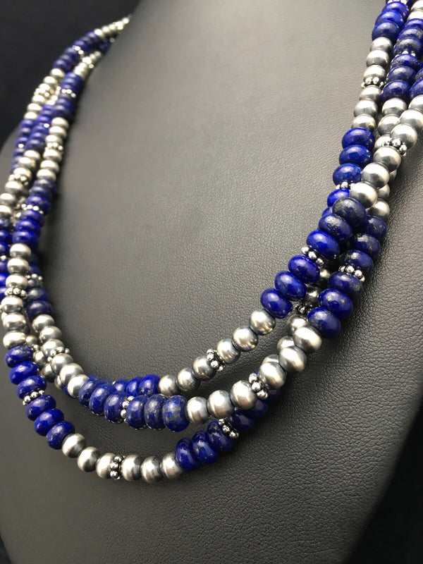 Blue Lapis Lazuli 3 Strands Navajo Beads Necklace | Sterling Silver | Authentic Native American Handmade | 02926