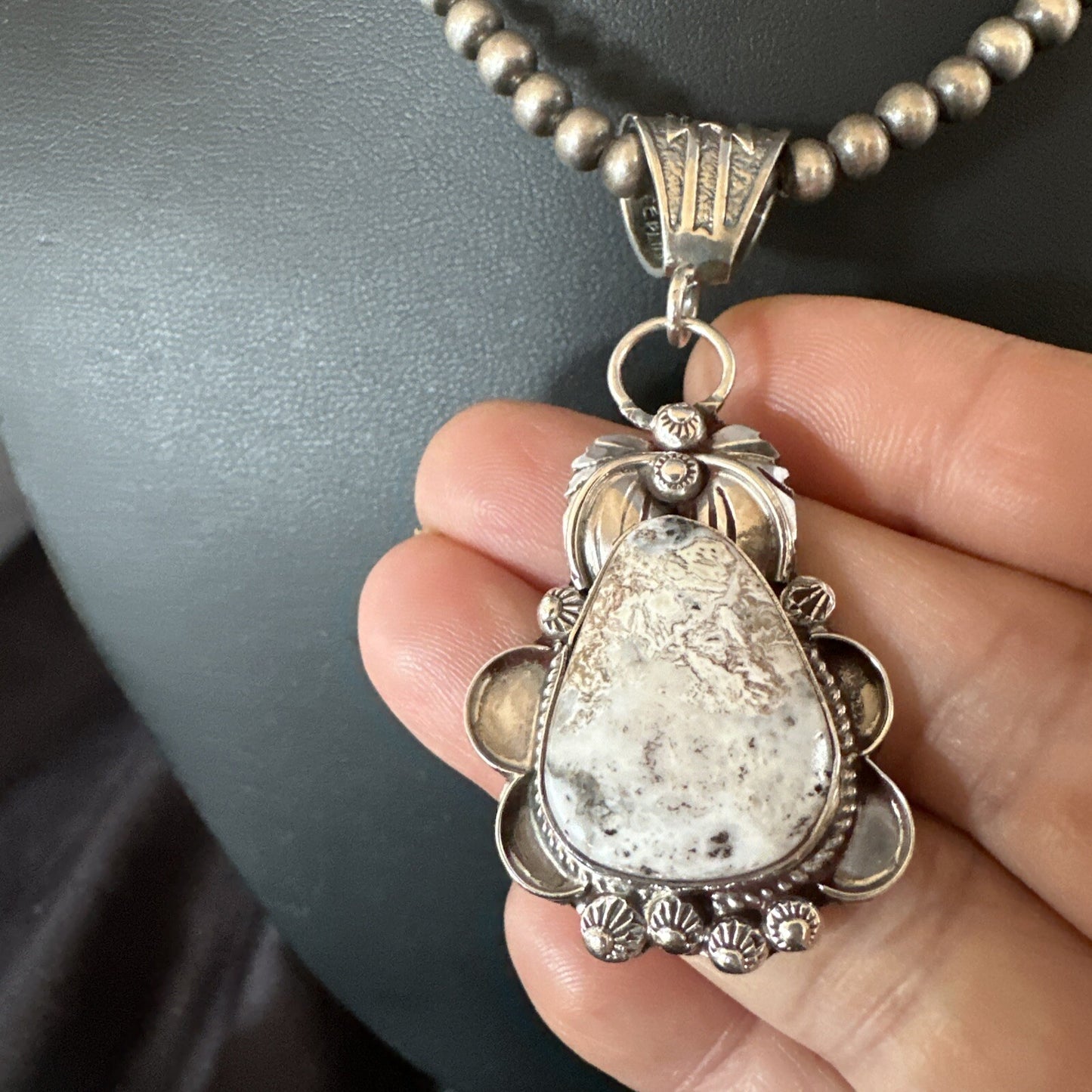 White Buffalo Turquoise Pendant  Sterling Silver Beads Necklace 17986