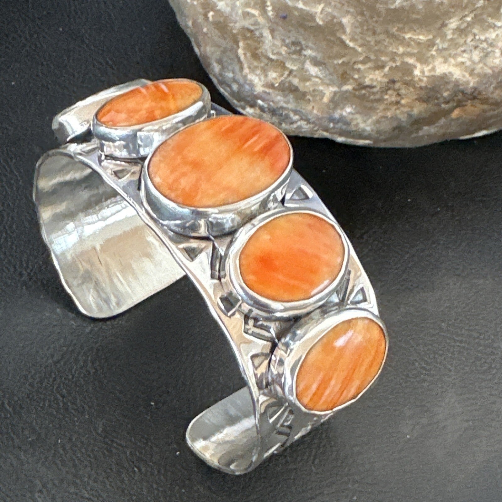 Stamped Orange Spiny Oyster Navajo Sterling Silver 5 Stone Cuff Bracelet 17941