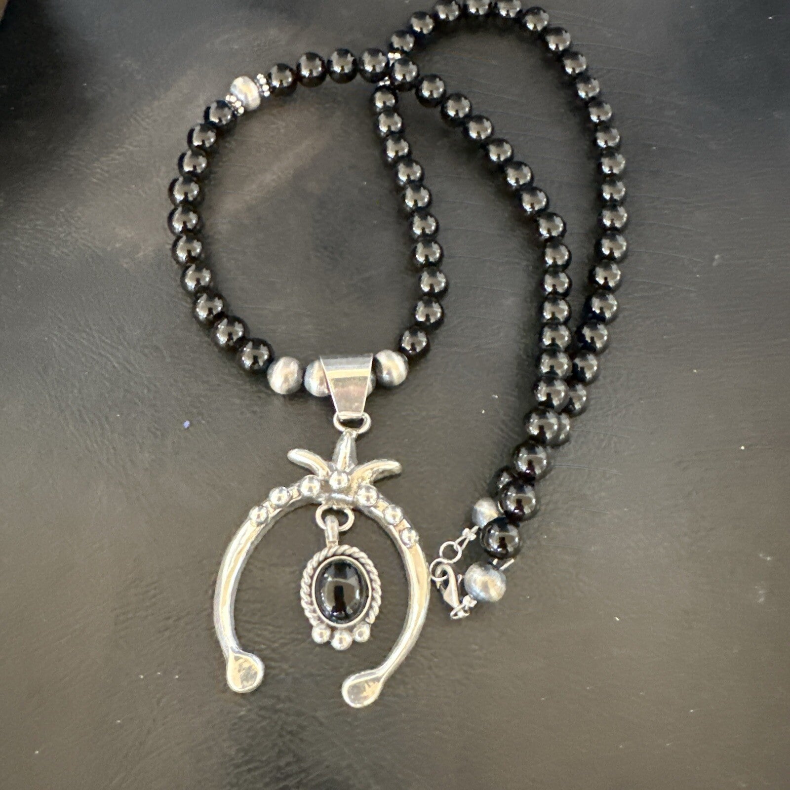 Mens Black Onyx Naja Pendant Navajo Pearls Sterling Silver Necklace 23” 17686