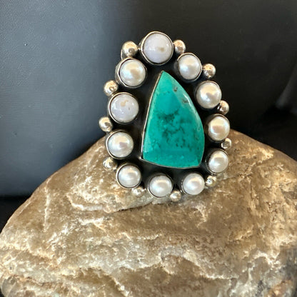 Blue Turquoise White Pearls Navajo Sterling Silver Cluster Ring Size 10.5 18398