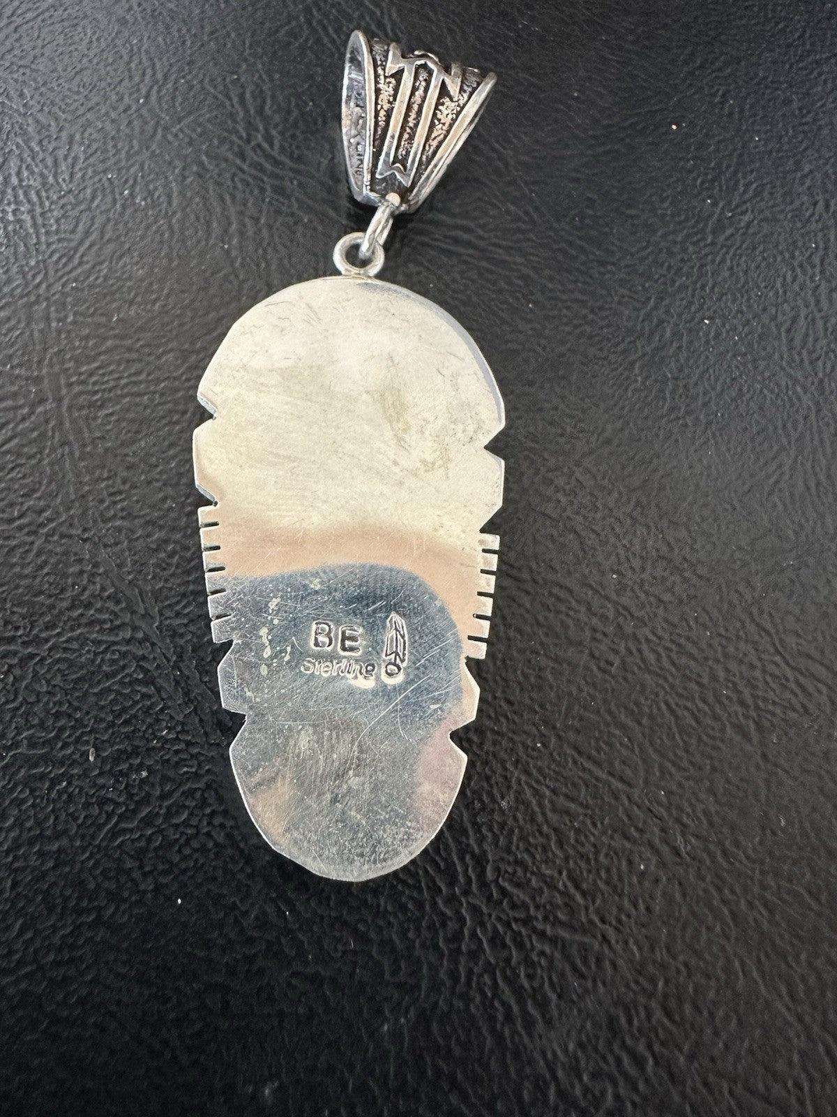 Navajo B E Inlay 925 Sterling Silver Turquoise Pendant Cobblestone 2.5" 19398