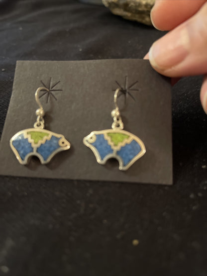 Blue Lapis & Green Turquoise Sterling Silver Bear Inlay Earrings 0.25" 01510