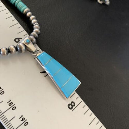 Blue Turquoise Inlay Pendant Navajo Pearls Sterling Silver Necklace 12614