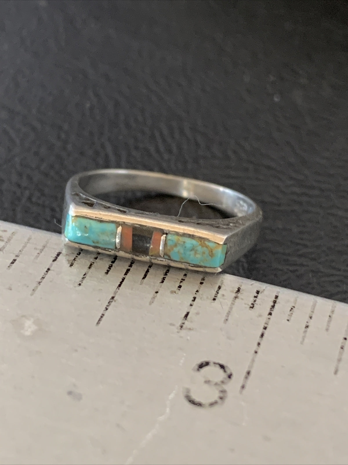 Turquoise & Onyx Navajo Sterling Silver Inlay Ring Size 6 11152