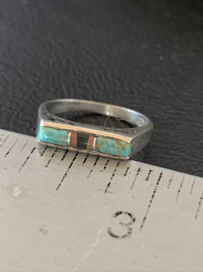 Turquoise & Onyx Navajo Sterling Silver Inlay Ring Size 6 11152