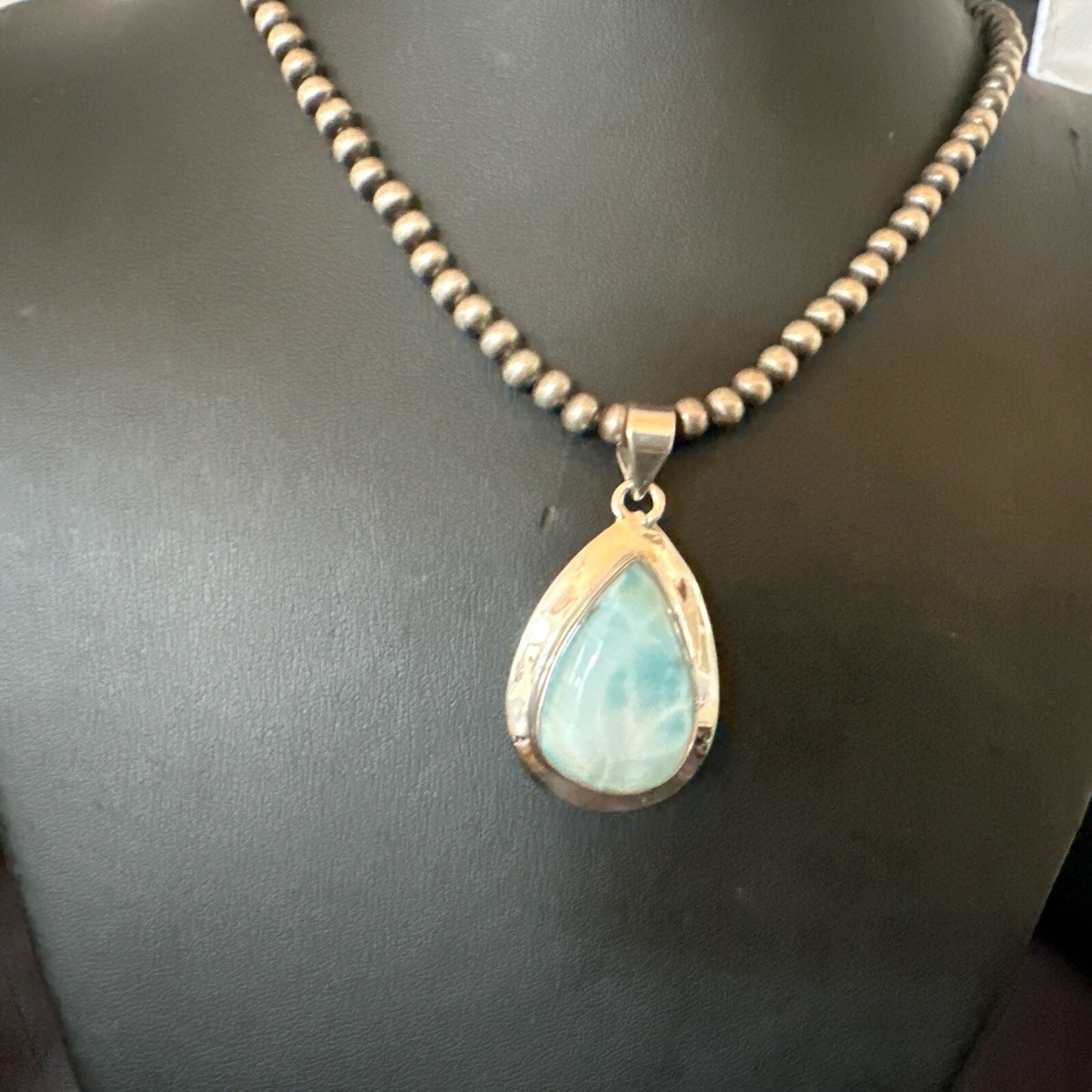 Womens Blue Larimar Pendant Navajo Sterling Silver Beads Necklace 17717
