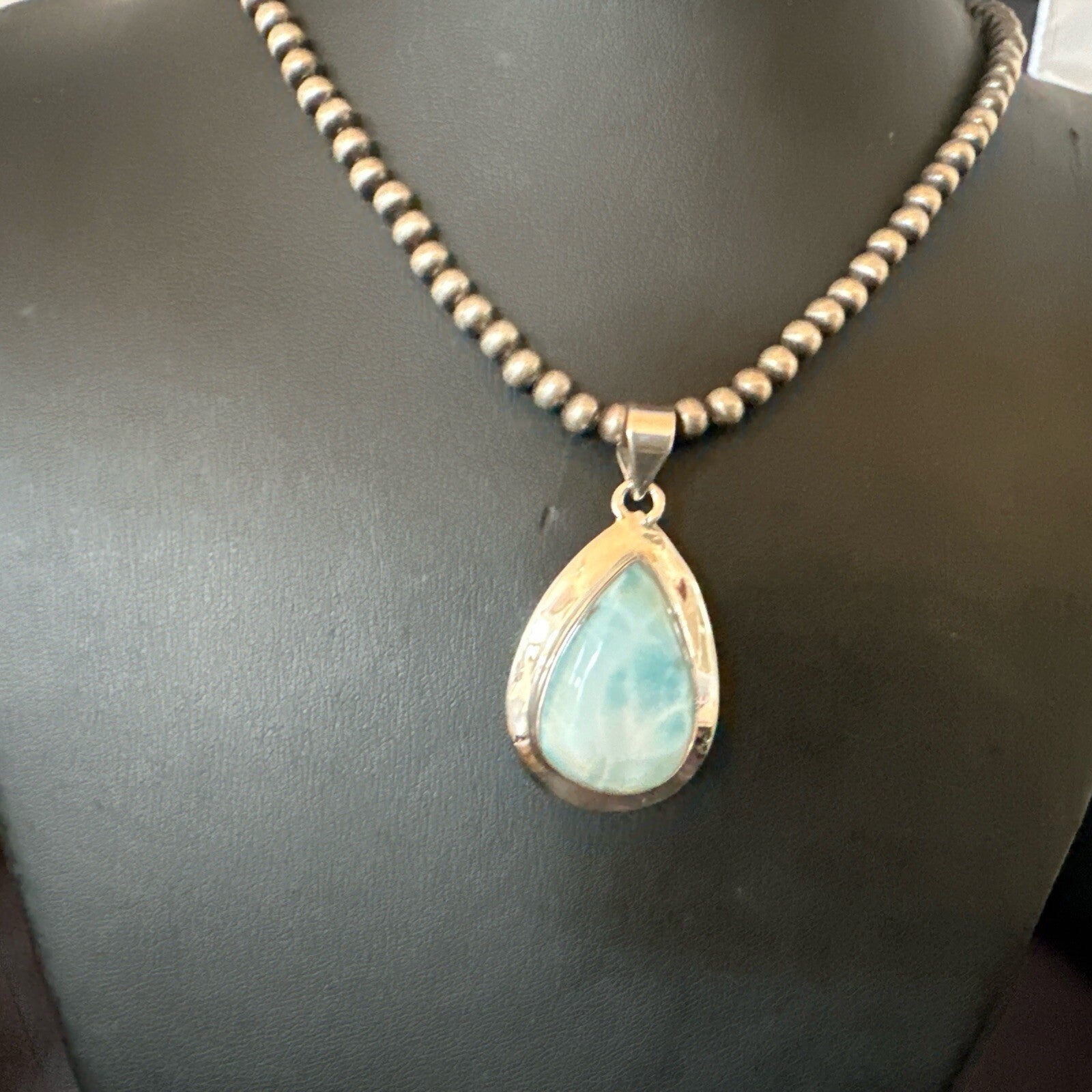 Womens Blue Larimar Pendant Navajo Sterling Silver Beads Necklace 17717