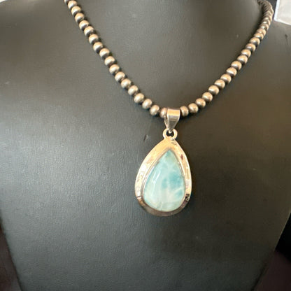 Womens Blue Larimar Pendant Navajo Sterling Silver Beads Necklace 17717