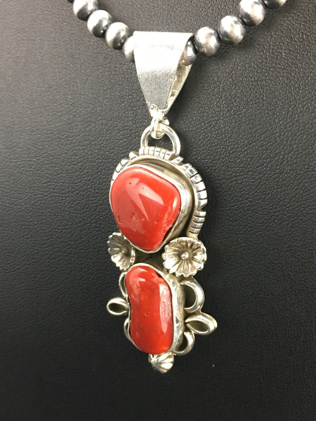 Red Coral Cluster Pendant Navajo Sterling Silver Necklace Native American 18930