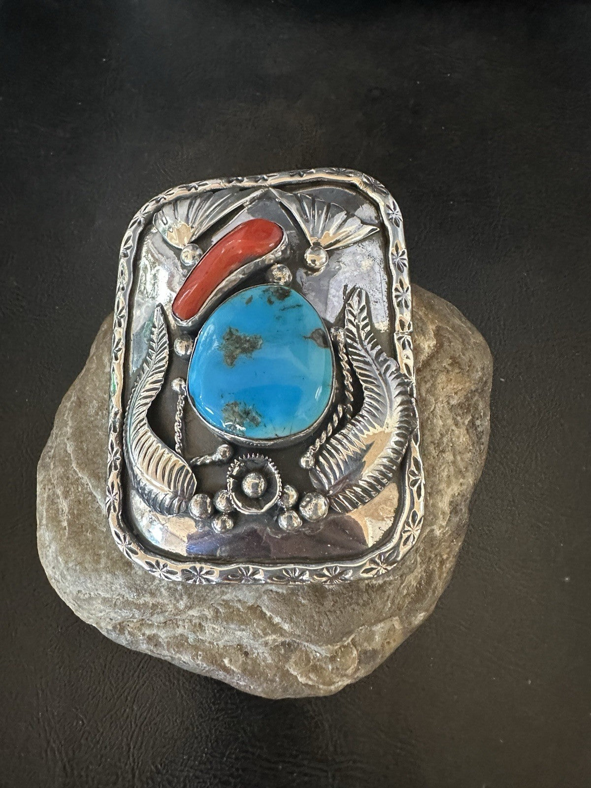 Mens Buckle Blue Turquoise Coral Navajo Sterling Silver Concho Belt 19489
