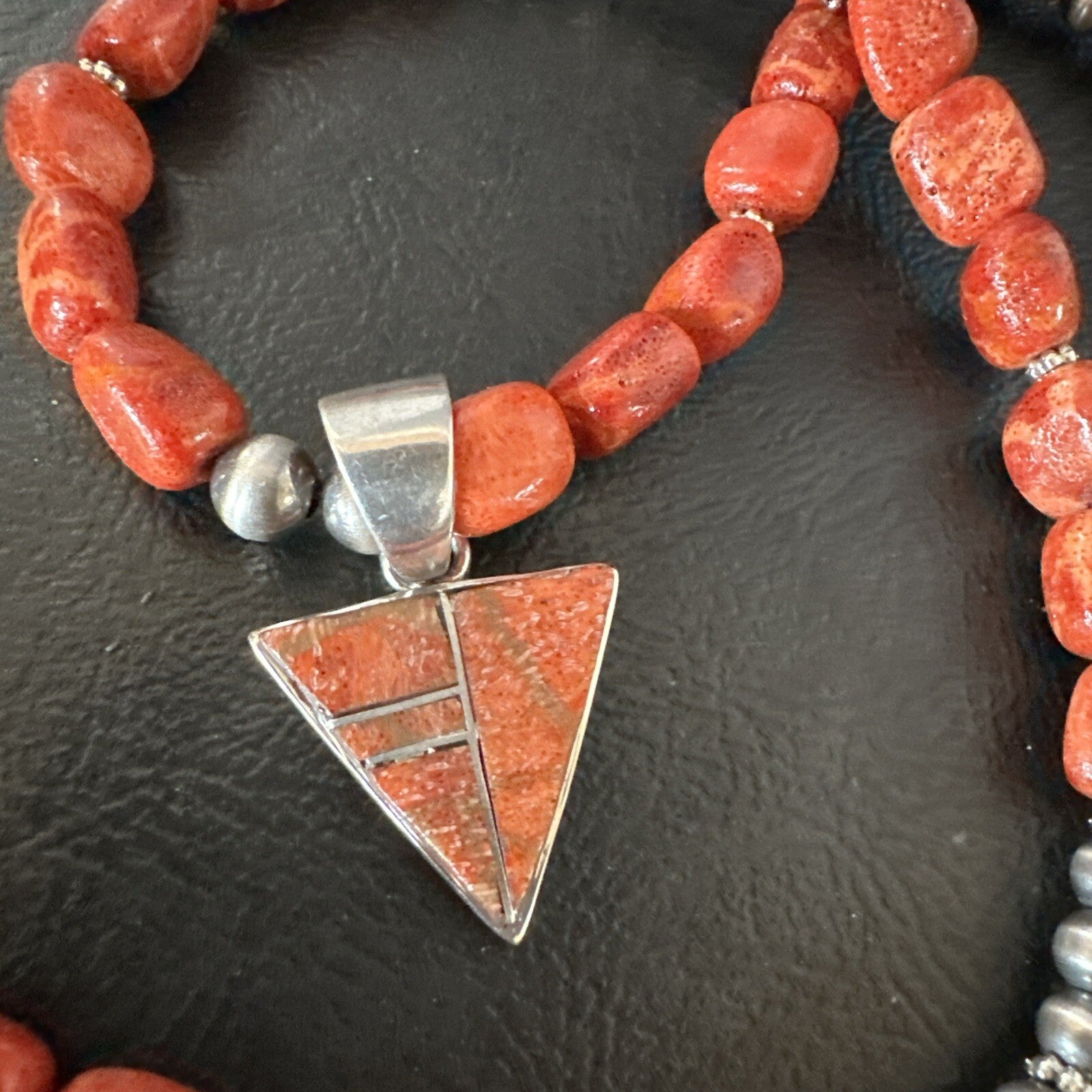 Navajo Apple Sponge Coral Sterling Silver Necklace Inlay Pendant 21” 18755