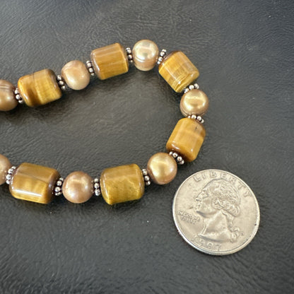 Coffee Tigers Eye Culture Pearl Sterling Silver Necklace Wrap Bracelet 17” 18737