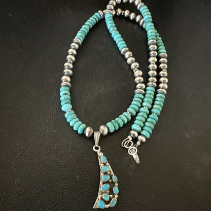 Mens Blue Turquoise Cluster Pendant Navajo Pearls Sterling Silver Necklace 17895