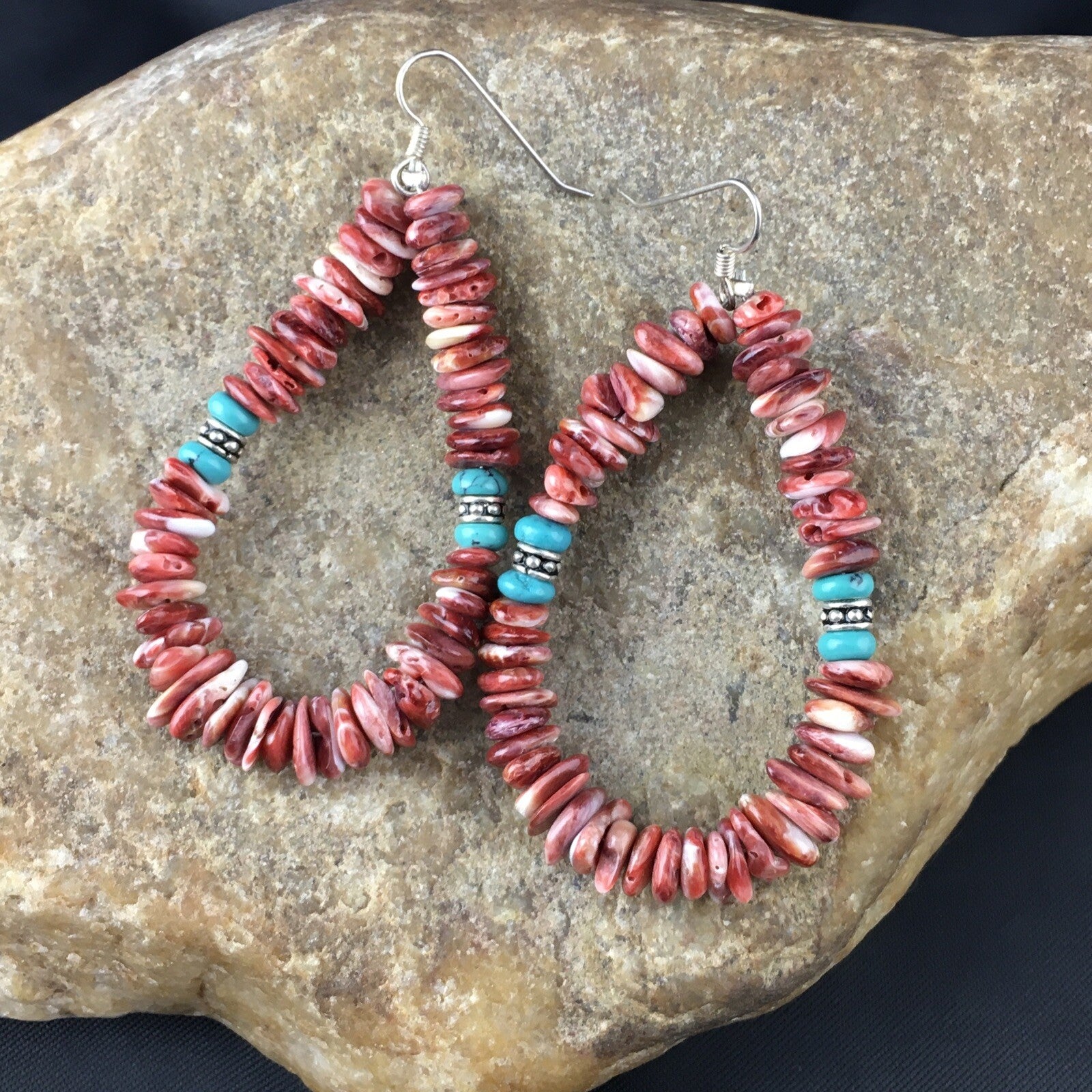 Turquoise & Spiny Oyster Navajo Sterling Silver Earrings 2.25" 01967