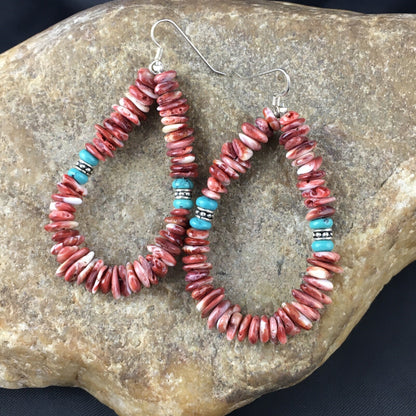 Turquoise & Spiny Oyster Navajo Sterling Silver Earrings 2.25" 01967