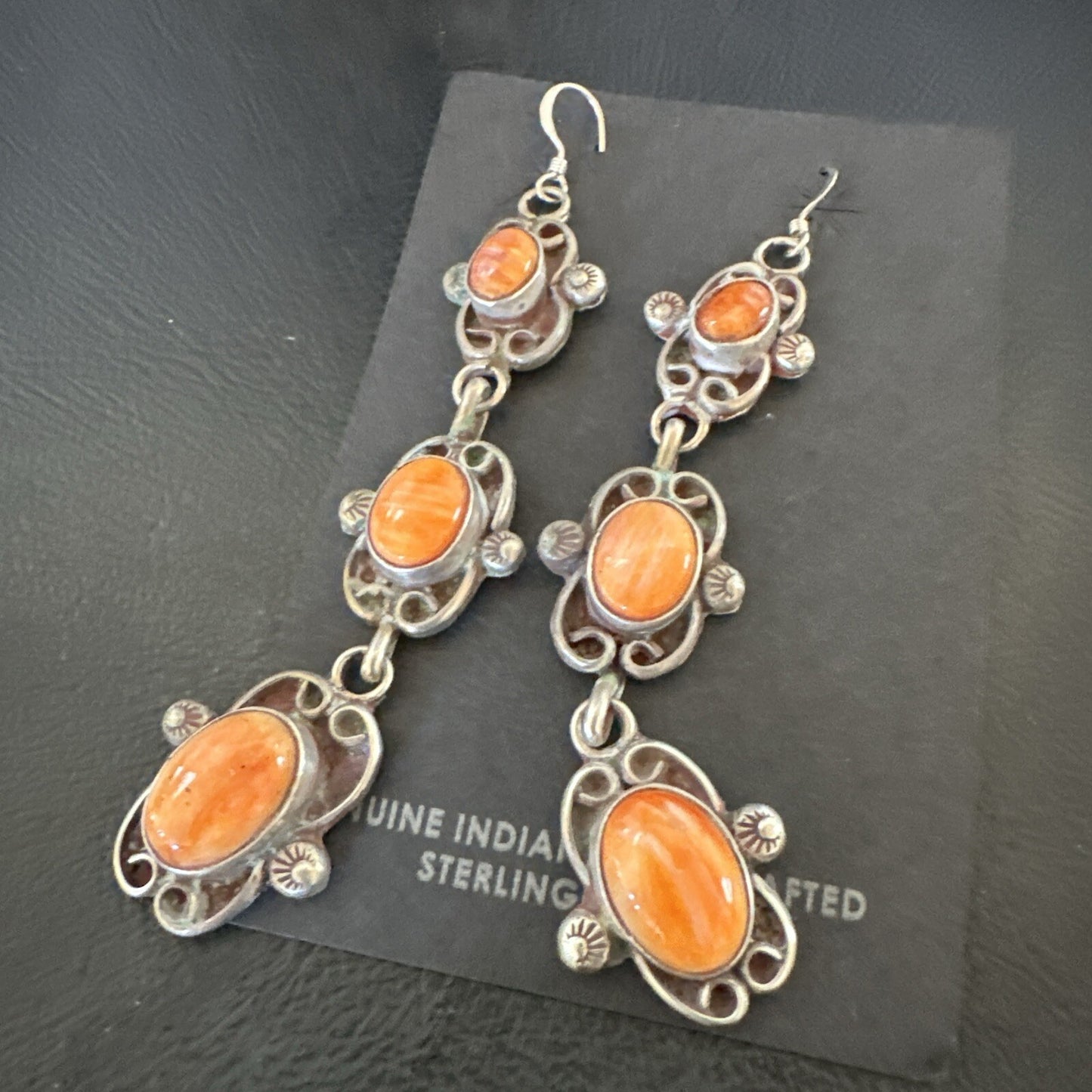 Native Navajo Sterling Silver Orange Spiny Oyster Dangle Earrings 1227