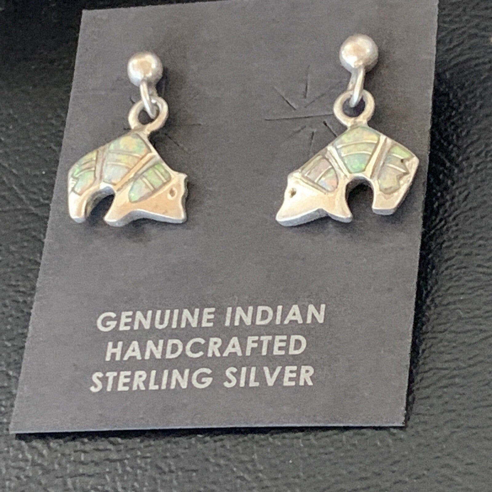 Womens White Opal Bear Inlay Navajo Sterling Silver Dangle Post Earrings 12767