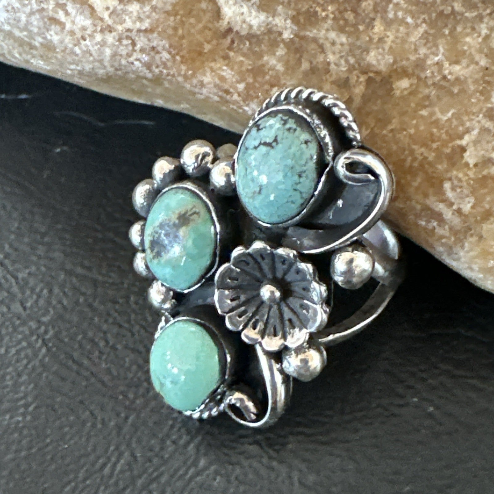 Yazzie Ring Green Turquoise Navajo Sterling Silver Cluster Size 8.5 19215