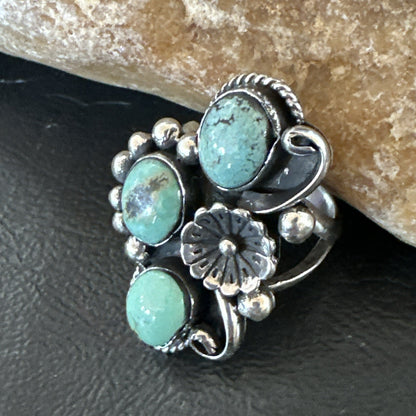 Yazzie Ring Green Turquoise Navajo Sterling Silver Cluster Size 8.5 19215