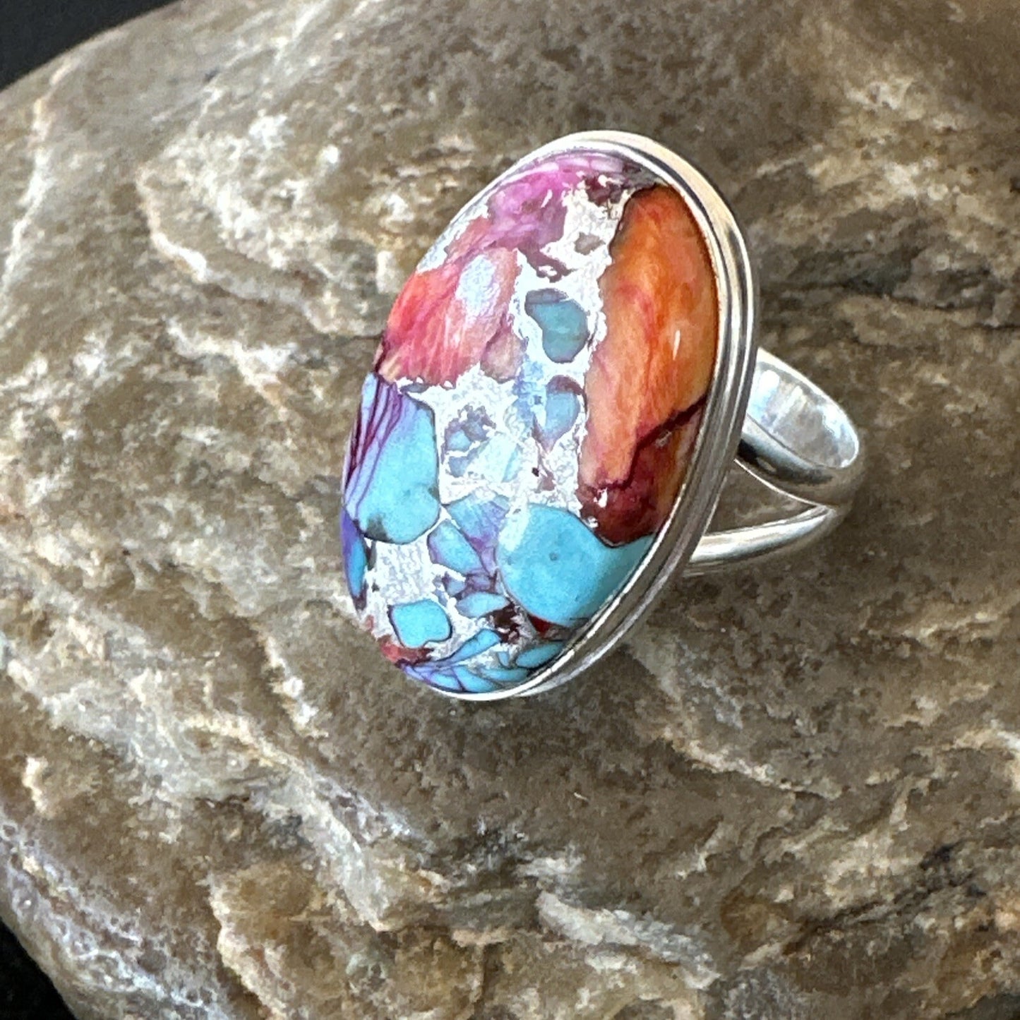 Blue Turquoise Spiny Oyster Southwestern Sterling Silver Ring Size 11 18449