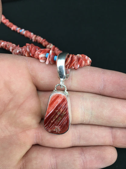 Spiny Oyster Pendant Turquoise Navajo Sterling Silver Beads Necklace 04890