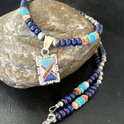 Multicolor Turquoise Coral Navajo Inlay Pendant Necklace | Sterling Silver | Authentic Native American Handmade | 19651
