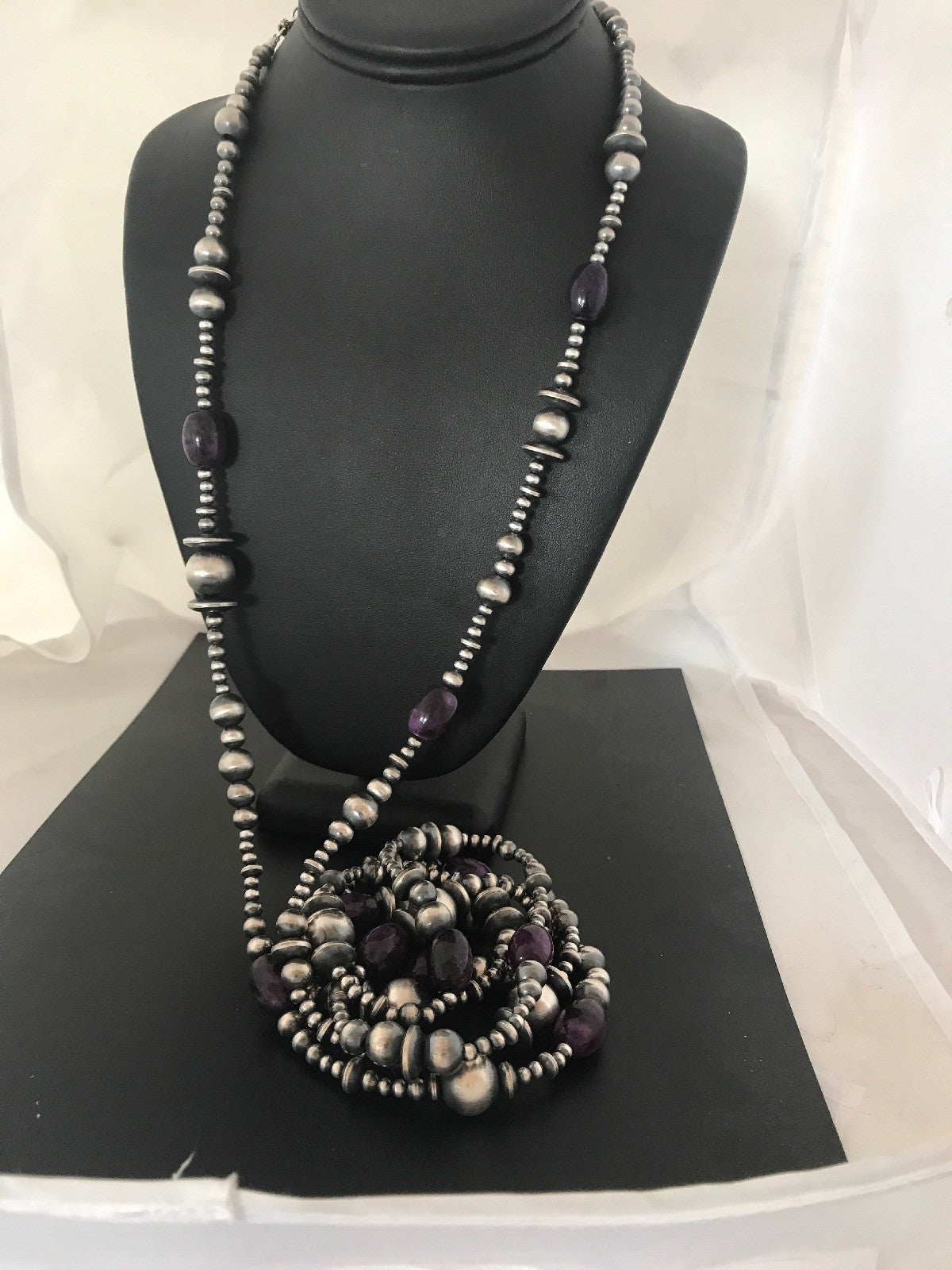 Native Long Navajo Pearls Sterling Silver Purple Stone Bead Necklace 70" 08052