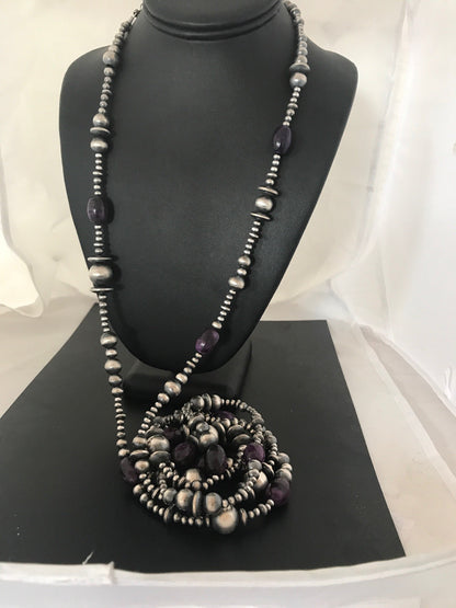 Native Long Navajo Pearls Sterling Silver Purple Stone Bead Necklace 70" 08052