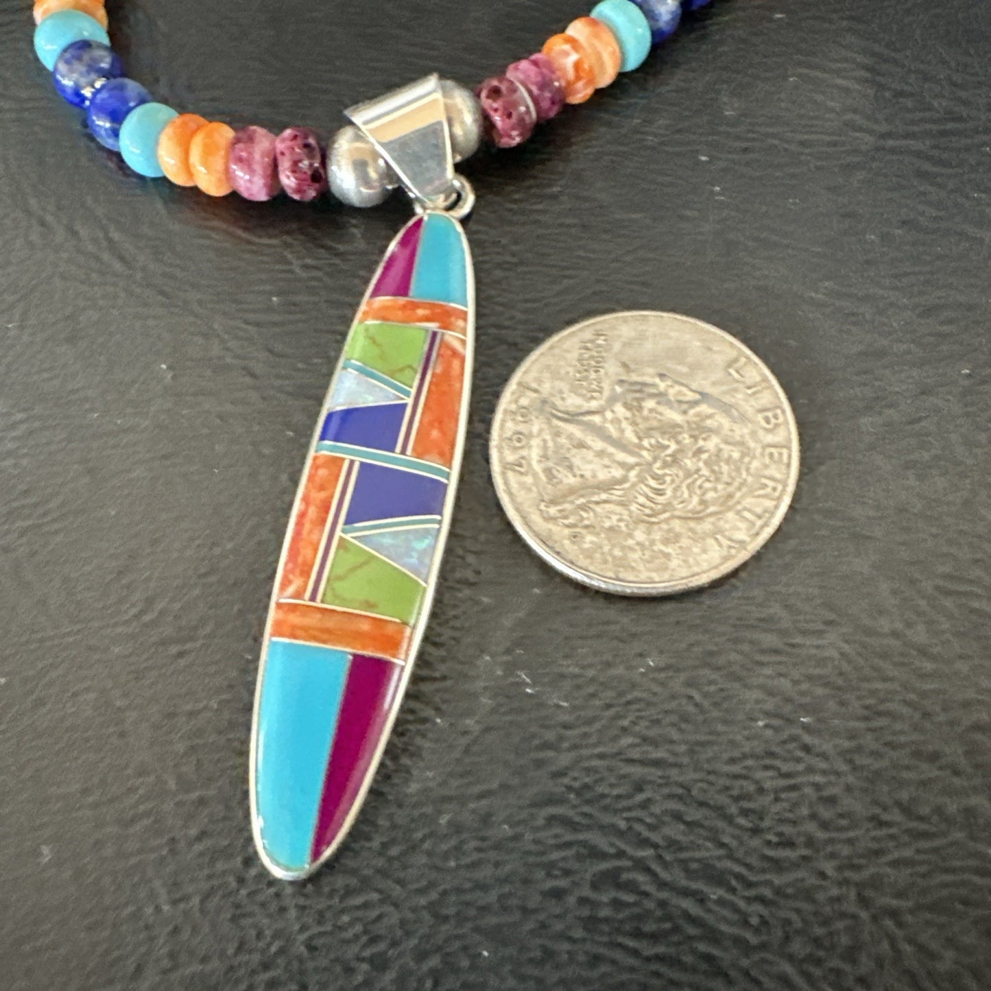 Multicolor Turquoise Spiny Navajo Sterling Silver Inlay Pendant Necklace 19643
