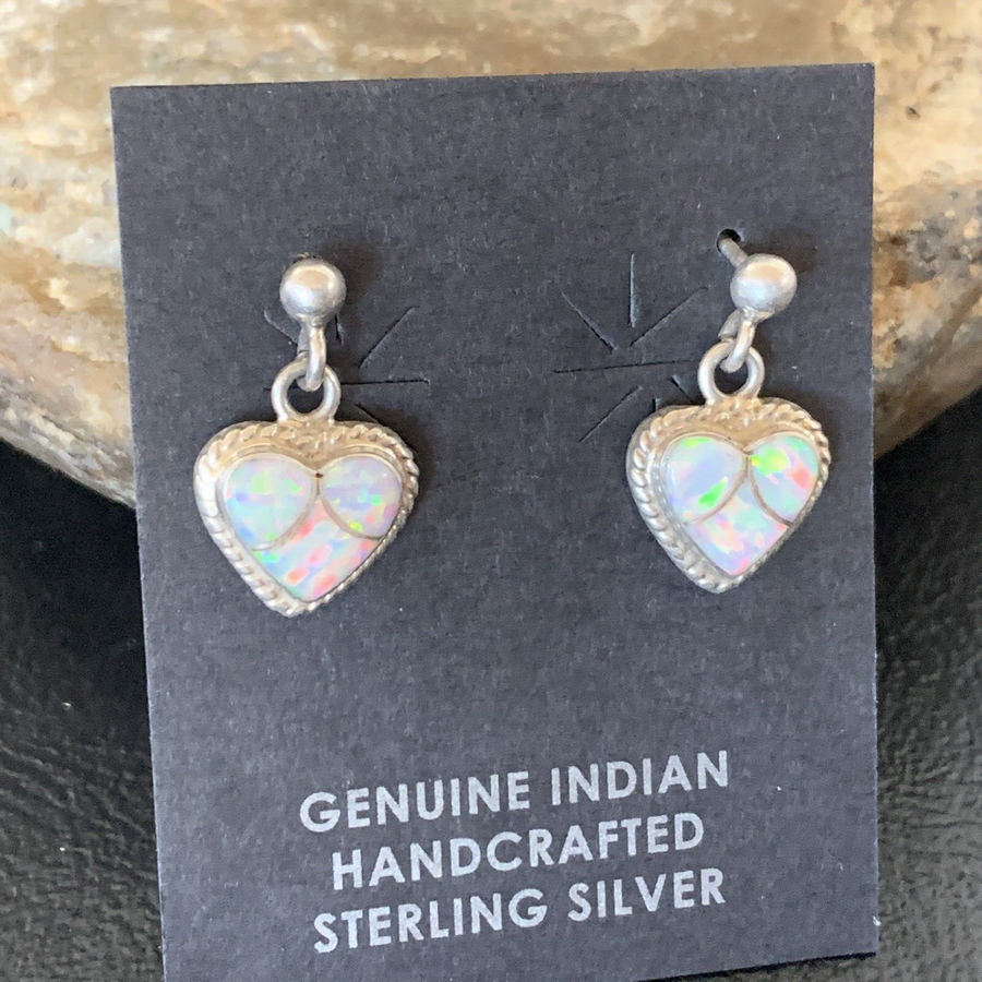 Womens White Opal Inlay Navajo Sterling Silver Dangle Post Earrings 0.5" 12761