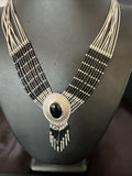 Black Onyx Liquid Silver 10S Heishi Tubes 19"Necklace Concho Pendant | Authentic Native American Handmade | 17707