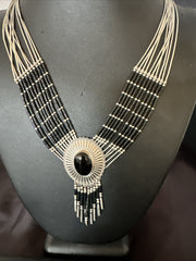 Black Onyx Liquid Silver 10S Heishi Tubes 19"Necklace Concho Pendant | Authentic Native American Handmade | 17707