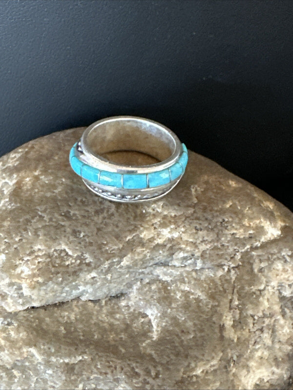 Blue Turquoise Navajo Inlay Band Ring Size 7 | Sterling Silver | Authentic Native American Handmade | 18812