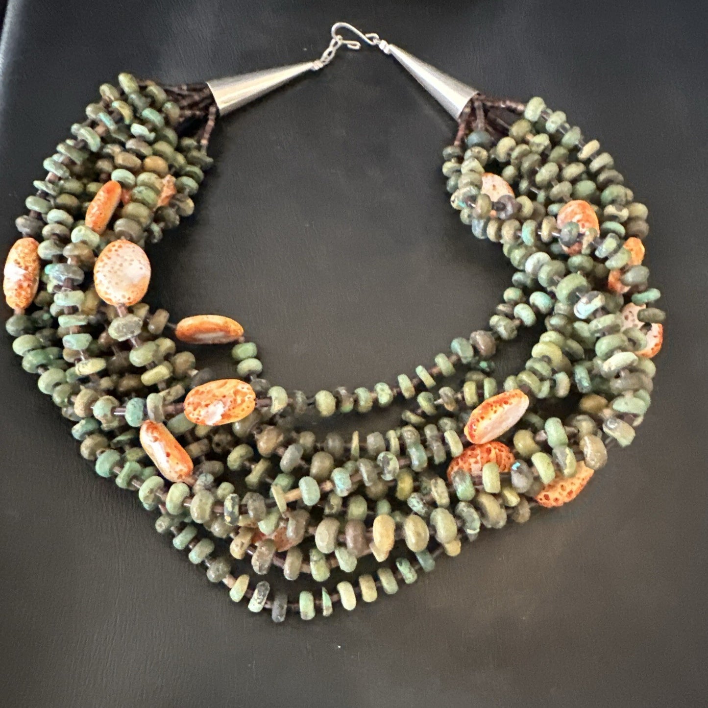 Navajo Green Turquoise 10S Sterling Silver Orange Spiny Shell Necklace 19" 18478