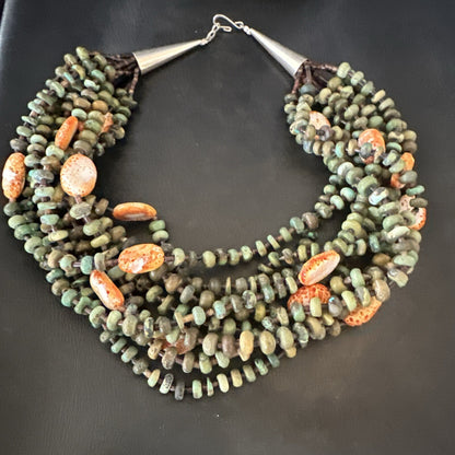 Navajo Green Turquoise 10S Sterling Silver Orange Spiny Shell Necklace 19" 18478
