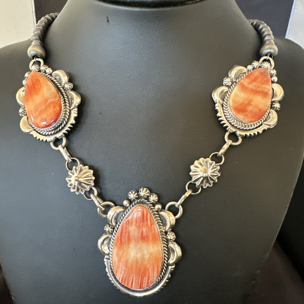 Orange Spiny Oyster Pendant Navajo Lariat Necklace 21" | Sterling Silver | Authentic Native American Handmade | 18628