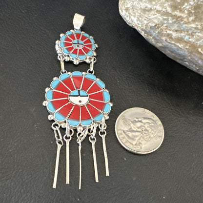 Sunface Zuni Inlay Turquoise Coral MOP Sterling Silver Pendant 3.5" 17771